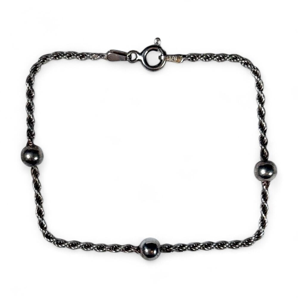 925 Sterling Silver Beaded Spacers Chain Bracelet Casual -Made in Italy 2.8 g